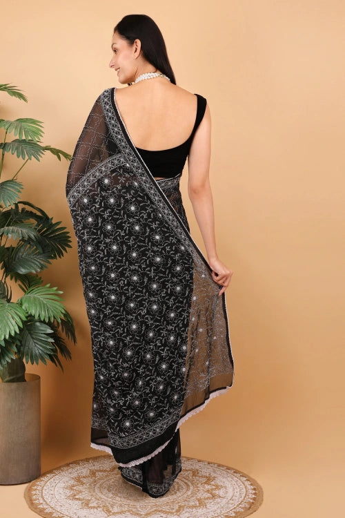Shwet Women Hand Embroidered Black Cotton Chikankari Saree