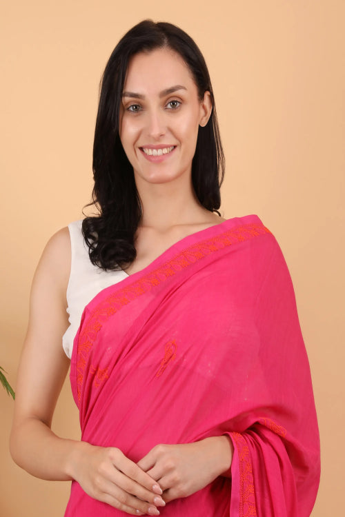 Shwet Women Mgenta Pink Hand Embroidered Chikankari Mulmul Saree