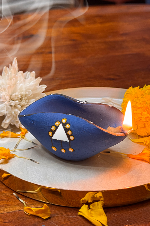 Antarang - Terracotta- Handpainted- Blue, Chapti Diya Set Of 10