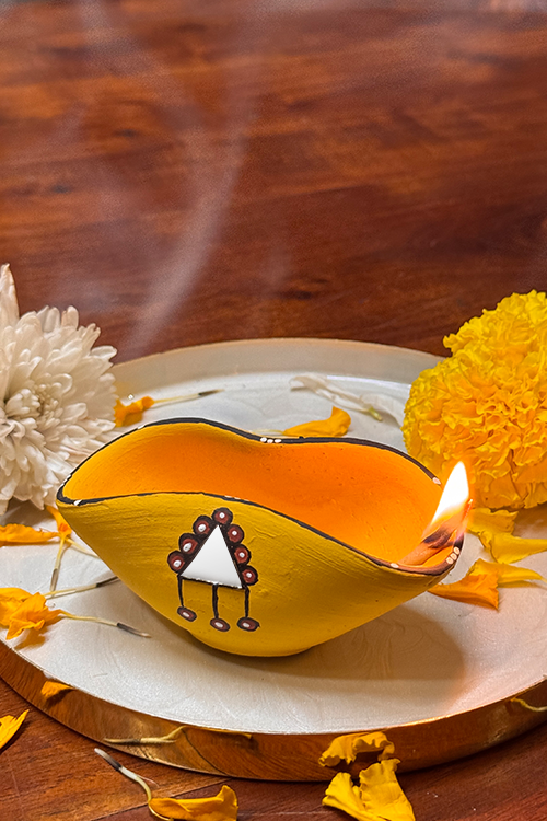 Antarang - Terracotta- Handpainted - Yellow Chapti Diya Set Of 10