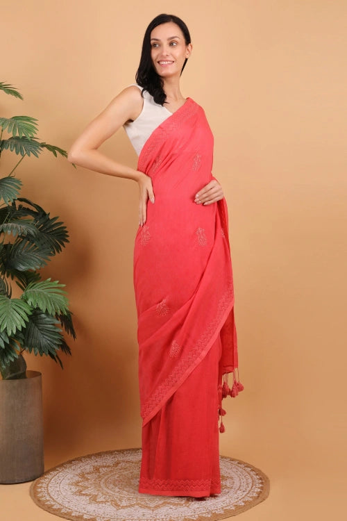 Shwet Women Coral Pink Hand Embroidered Chikankari  Mulmul Saree
