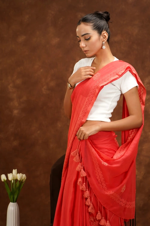 Shwet Women Coral Pink Hand Embroidered Chikankari  Mulmul Saree
