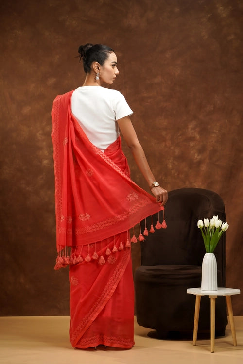 Shwet Women Coral Pink Hand Embroidered Chikankari  Mulmul Saree