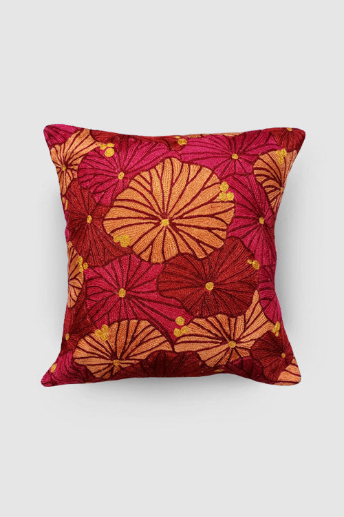 Zaina By Ctok Fronds Chainstitch Embroidered  Cushion Cover Red & Yellow
