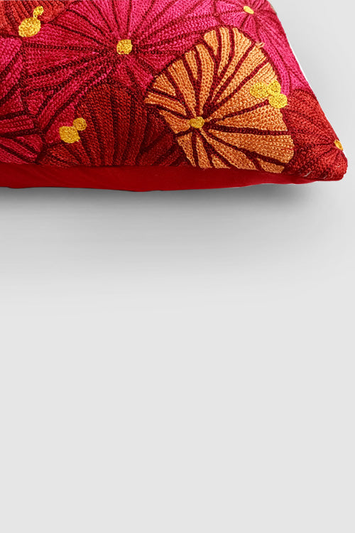 Fronds Chainstitch Embroidered  Cushion Cover Red & Yellow