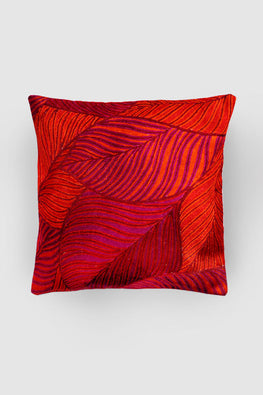 Leaves Chainstitch Embroidered  Cushion Cover Red & Yellow
