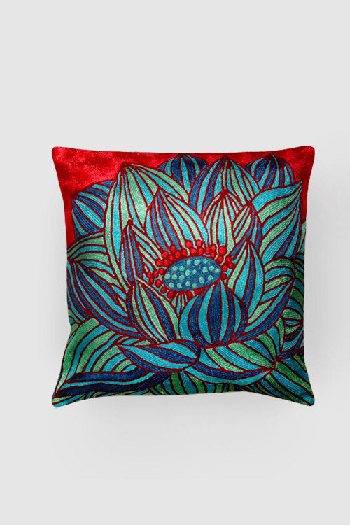 Zaina By Ctok Lotus Chainstitch Embroidered  Cushion Cover- Blue & Red