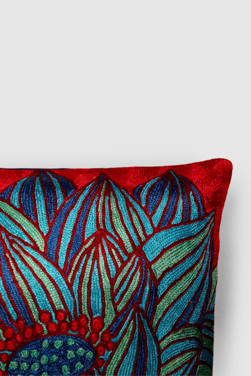 Zaina By Ctok Lotus Chainstitch Embroidered  Cushion Cover- Blue & Red