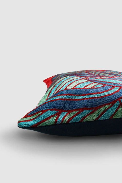 Zaina By Ctok Lotus Chainstitch Embroidered  Cushion Cover- Blue & Red