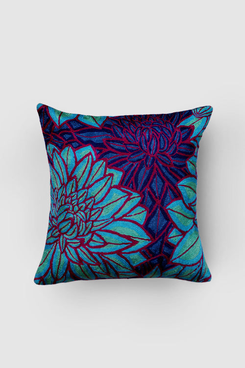 Zaina By Ctok Asters Chainstitch Embroidered Cushion Cover - Blue And Red