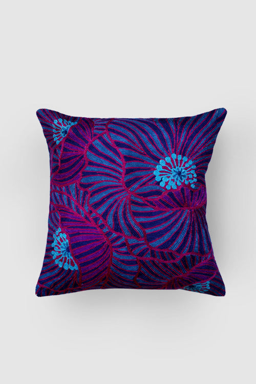 Zaina By Ctok Poppies Chainstitch Embroidered Cushion Cover - Blue & Red