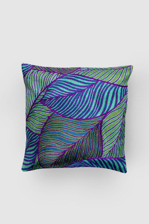 Zaina By Ctok Leaves Chainstitch Embroidered  Cushion Cover - Blue, Purple & Green