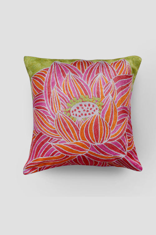 Zaina By Ctok Lotus Chainstitch Embroidered  Cushion Cover - Pastel