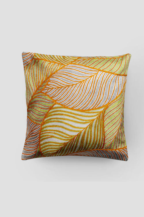 Leaves Chainstitch Embroidered  Cushion Cover - Pastel