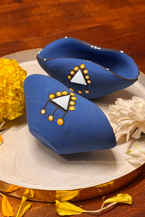 Antarang - Terracotta- Handpainted- Blue, Chapti Diya Set Of 10