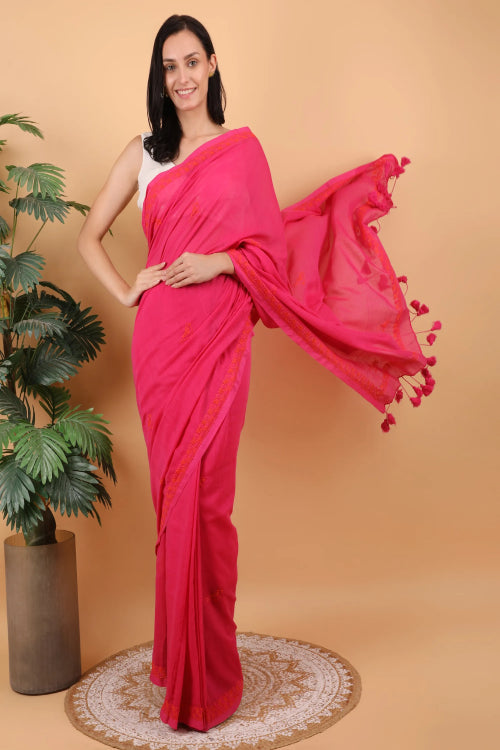 Shwet Women Mgenta Pink Hand Embroidered Chikankari Mulmul Saree