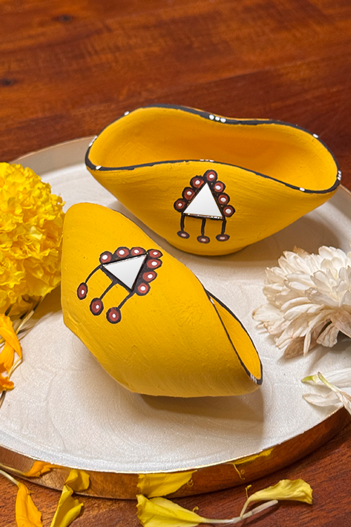 Antarang - Terracotta- Handpainted - Yellow Chapti Diya Set Of 10