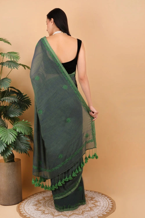 Shwet Women Dark Green Hand Embroidered Chikankari  Mulmul Saree