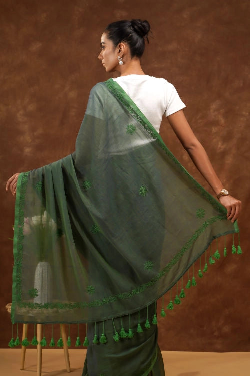Shwet Women Dark Green Hand Embroidered Chikankari  Mulmul Saree
