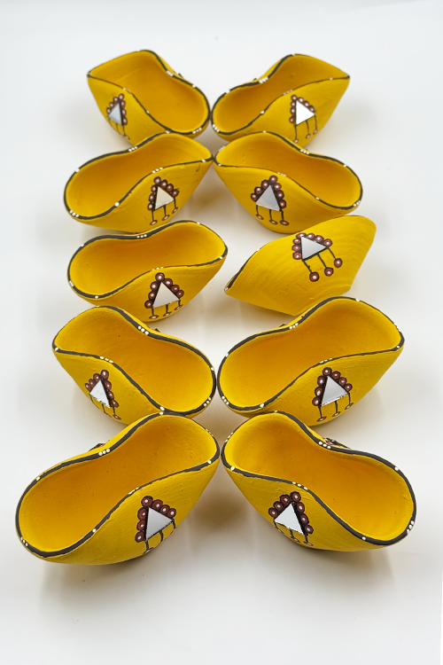Antarang - Terracotta- Handpainted - Yellow Chapti Diya Set Of 10