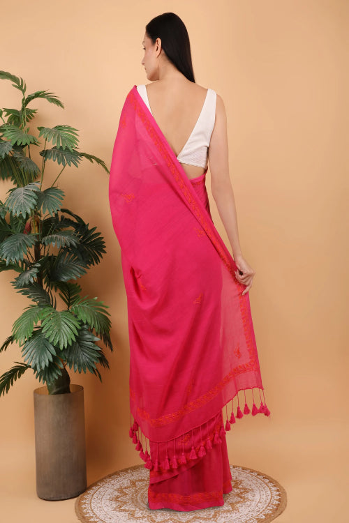 Shwet Women Mgenta Pink Hand Embroidered Chikankari Mulmul Saree