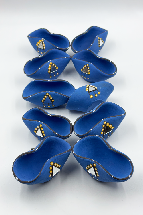 Antarang - Terracotta- Handpainted- Blue, Chapti Diya Set Of 10