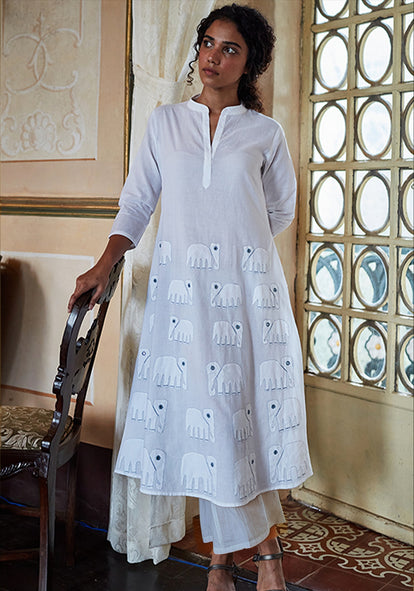 Okhai 'Ivory Tusk' Hand Embroidered Mirror Work Pure Cotton Kurta