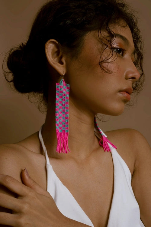 Melo Studio Fuchsia Teal-Red Dreams Hand Beaded Earrings