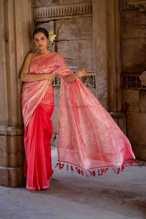 Craftroots Laheriya Chanderi Pink Saree