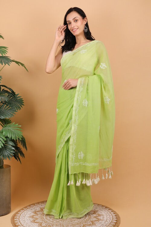 Shwet Women Green Hand Embroidered Chikankari  Mulmul Saree