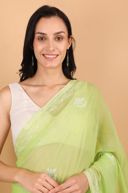 Shwet Women Green Hand Embroidered Chikankari  Mulmul Saree