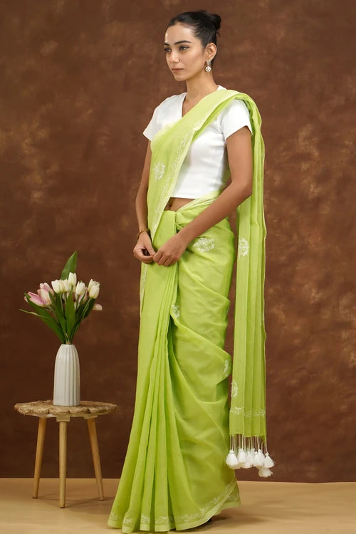 Shwet Women Green Hand Embroidered Chikankari  Mulmul Saree