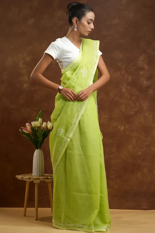 Shwet Women Green Hand Embroidered Chikankari  Mulmul Saree