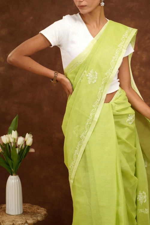 Shwet Women Green Hand Embroidered Chikankari  Mulmul Saree