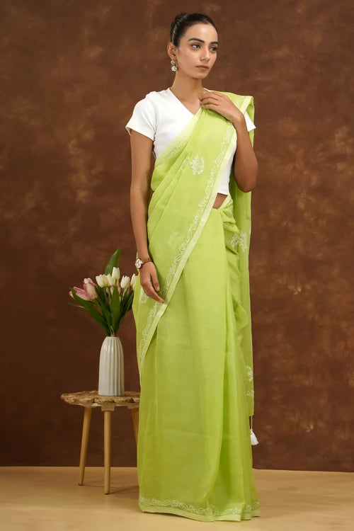 Shwet Women Green Hand Embroidered Chikankari  Mulmul Saree