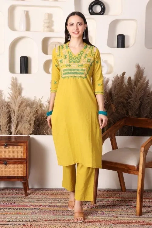 Urmul Sindhi Embroidery SAMU Lime Green Kurta - Pant Set