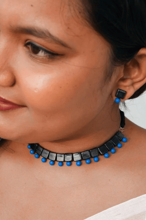 Mridah Blue And Black 'Taal' Handmade Black Terracotta Choker Necklace Set