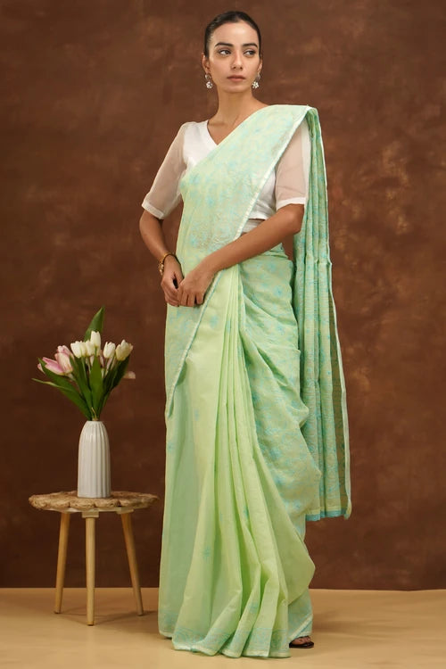 Shwet Hand Embroidered Chikankari Light Green Kota Cotton Saree