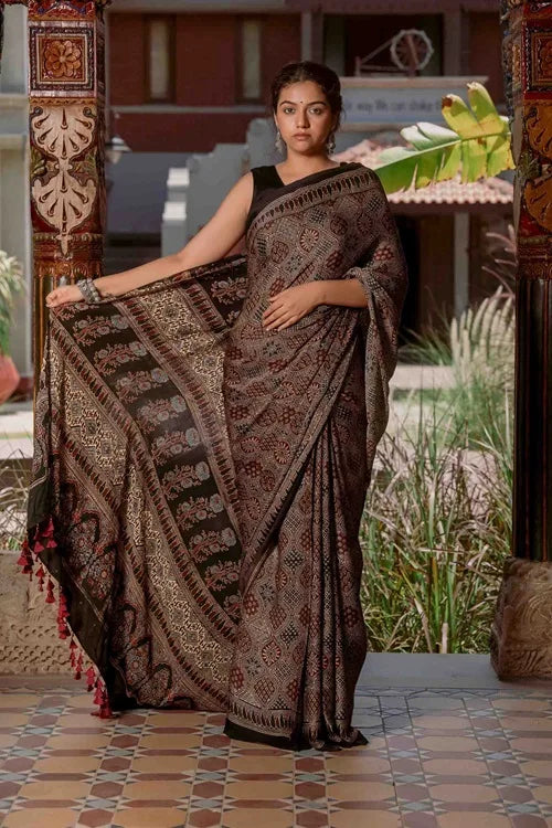 Craftroots Ajrakh Saree With Badla Work With Tassels