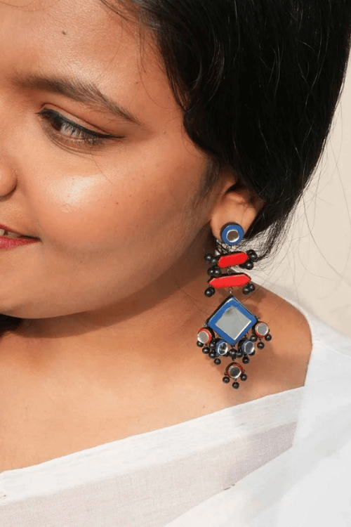 Mridah Red And Blue 'Royal' Mirror Work Terracotta Long Dangler Earrings