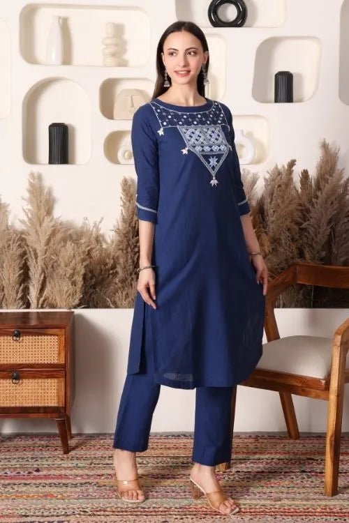 Urmul Soof Embroidery MOHINI Navy Blue Kurta - Pant Set