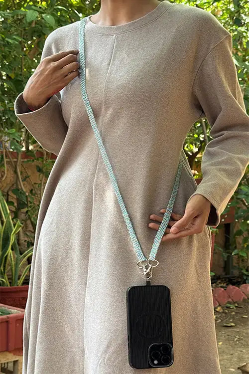 Antarang- Blue-Silver- Multi Use Handcrafted Beaded Mobile String With Attachment- Phone, Clutch & Sling Strap