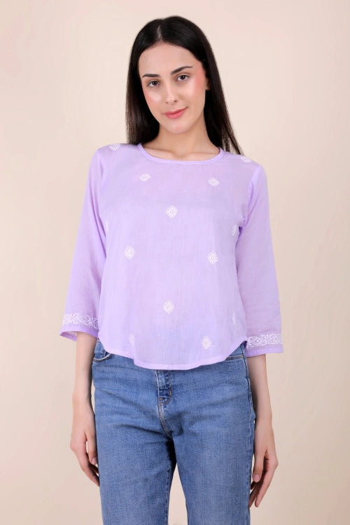 Shwet Women Hand Embroidered "Pastel Poise" Lavendar Short Top