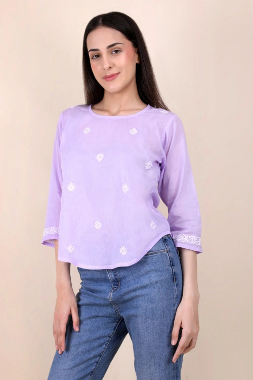 Shwet Women Hand Embroidered "Pastel Poise" Lavendar Short Top