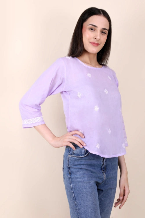 Shwet Women Hand Embroidered "Pastel Poise" Lavendar Short Top