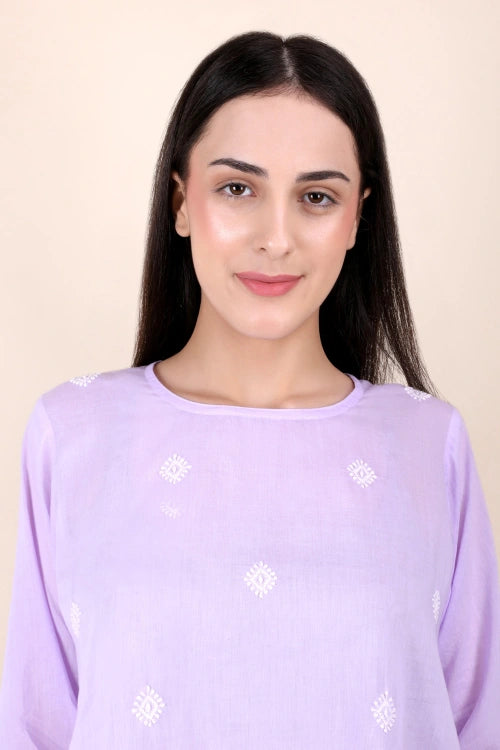 Shwet Women Hand Embroidered "Pastel Poise" Lavendar Short Top