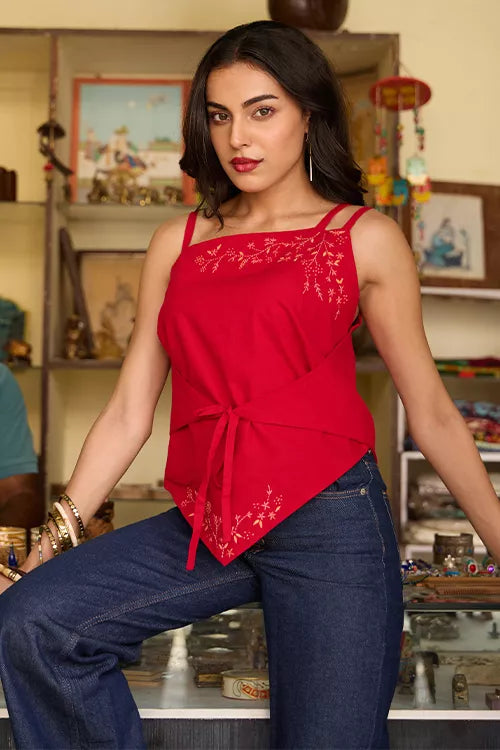 Okhai "Whimsical" Hand Embroidered Pure Cotton Wrap Top
