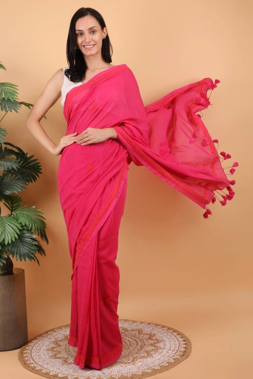 Shwet Women Mgenta Pink Hand Embroidered Chikankari Mulmul Saree