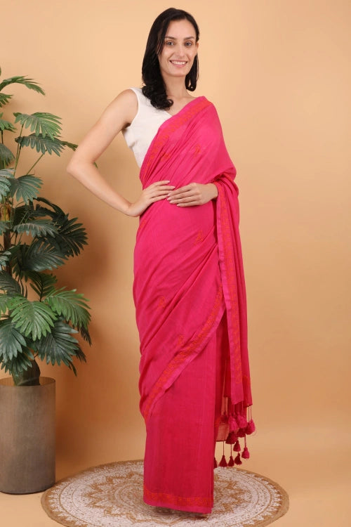 Shwet Women Mgenta Pink Hand Embroidered Chikankari Mulmul Saree