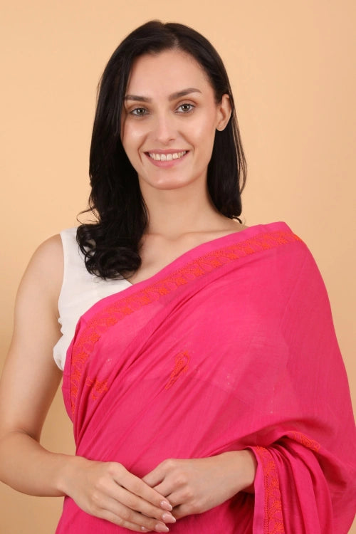 Shwet Women Mgenta Pink Hand Embroidered Chikankari Mulmul Saree